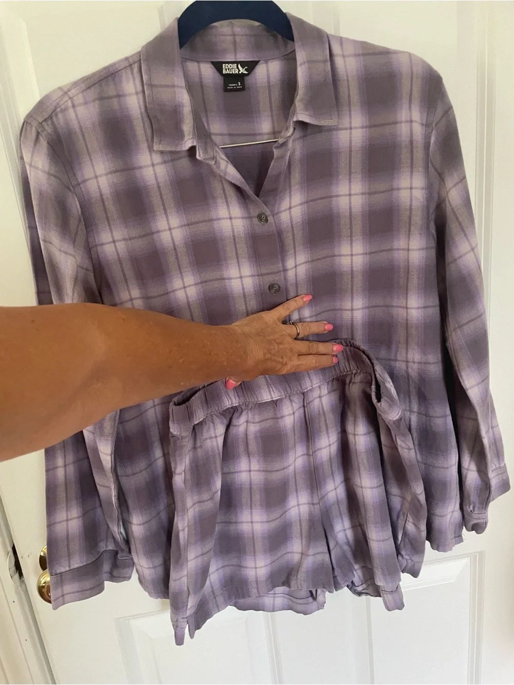 Eddie Bauer Lavender Plaid Button-Up Shirt and shorts pajamas